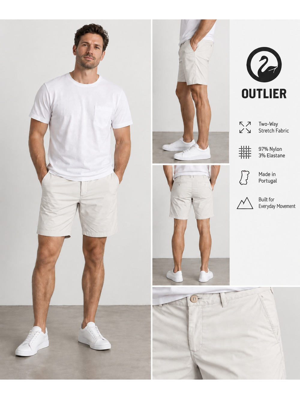 Outlier F.Cloth Shorts Men's 31 Cream Two-Way Stretch Nylon Size 31 in.